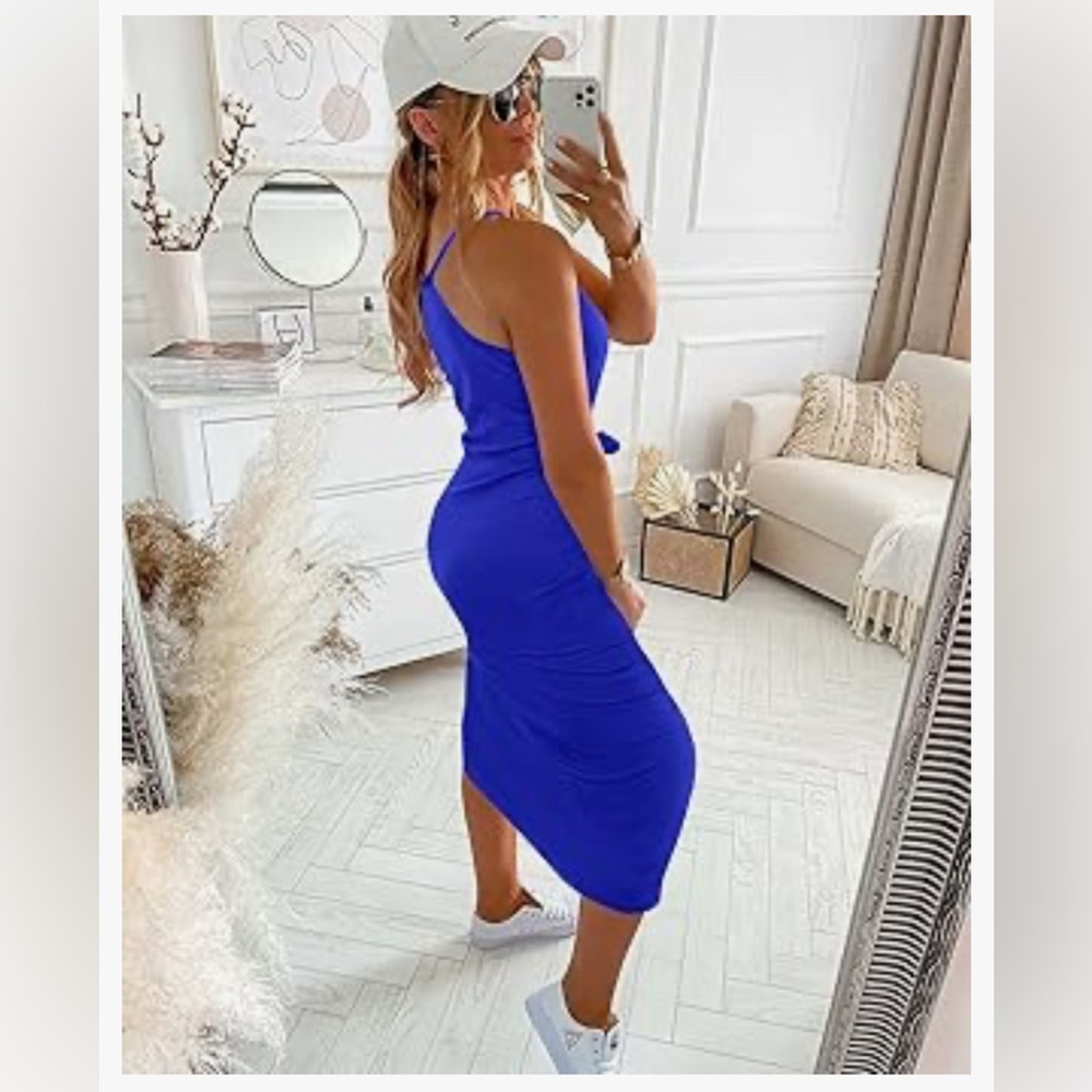 Satiny feel  cotton  Tie-Waist Midi Dress in Royal Blue - Picture 2 of 6